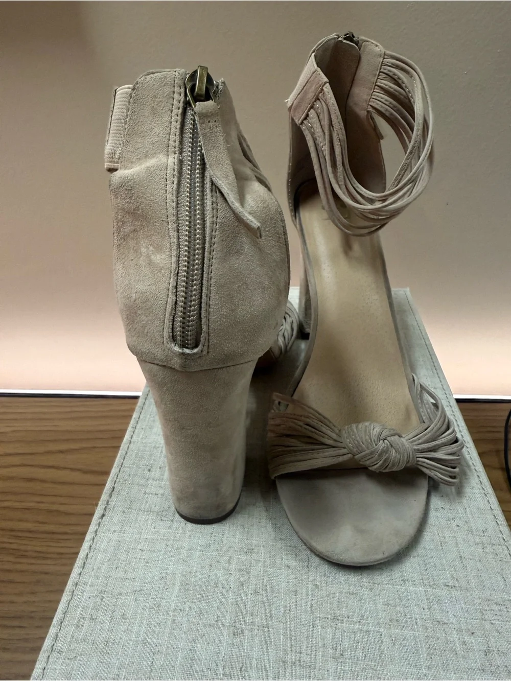 Knot Front Ankle-Tie Block Heel Sandals - Taupe